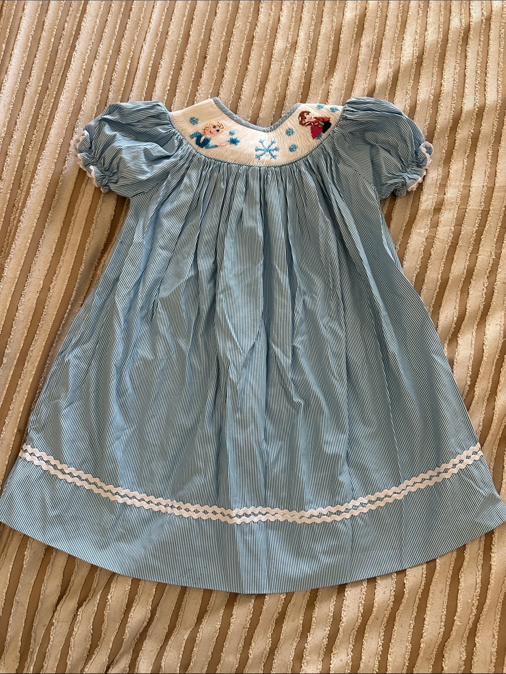Frozen Elsa Light Blue Smocked Puff-Sleeve Kids Dress with Embroidered Yoke